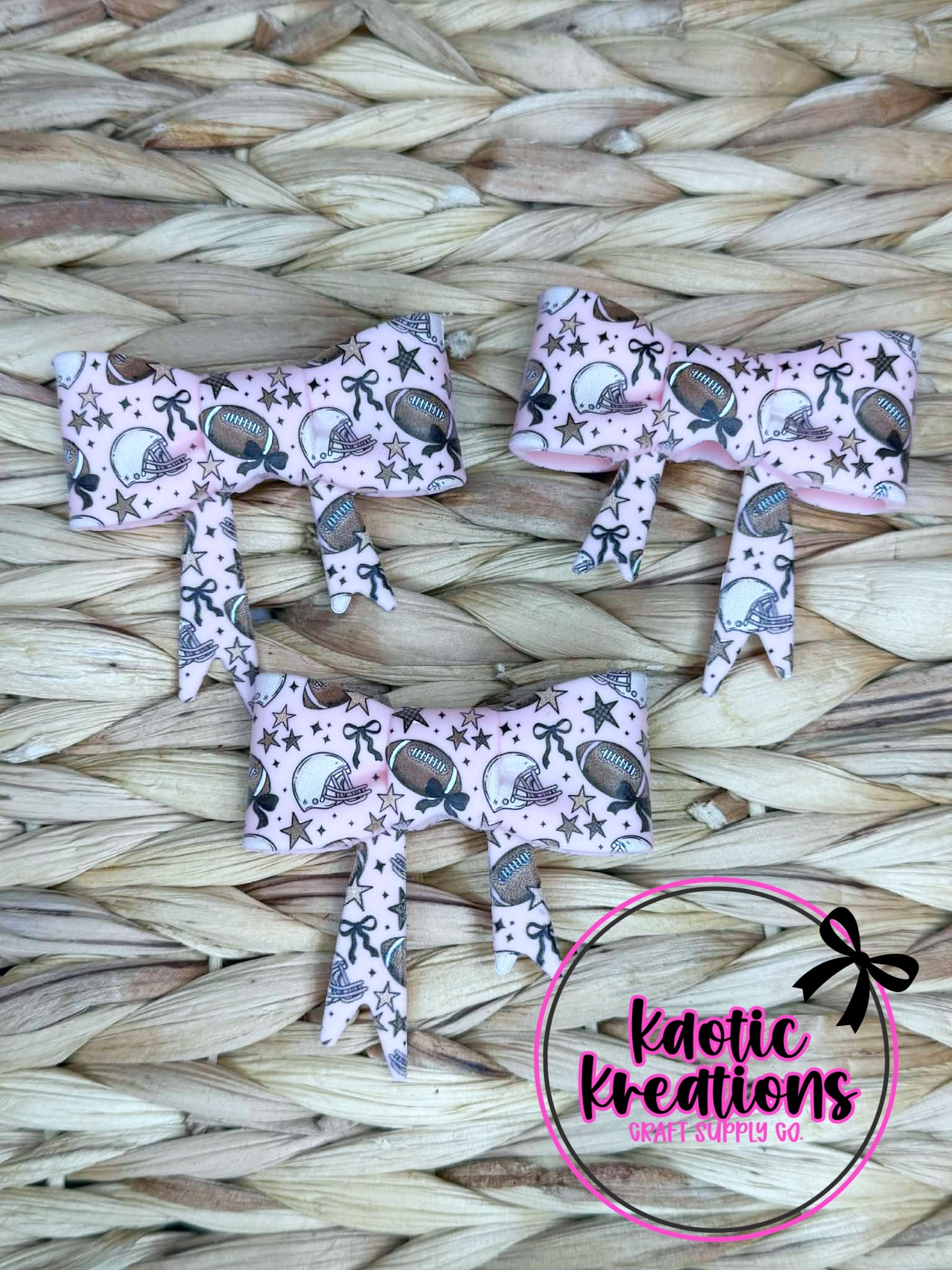 (DISCONTINUED) BEADABLE JUMBO SILICONE BOW PINK BOWS AND FOOTBALLS (1ct)
